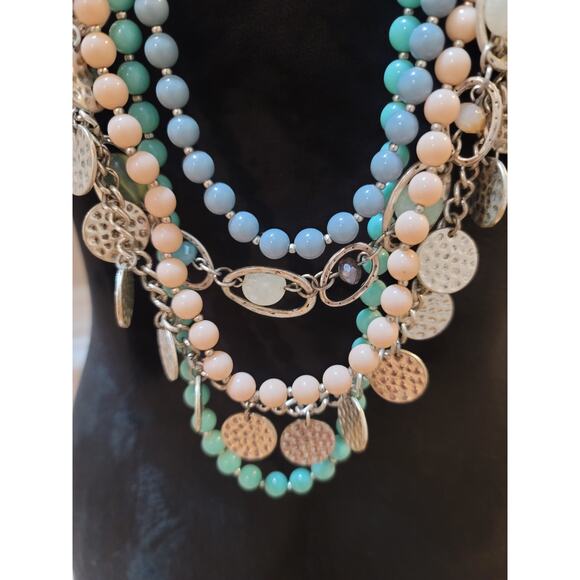 Womens Multi Layer Beaded Charm Necklace Toggle Lock Pastel Blue And Green Beads - Picture 3 of 6